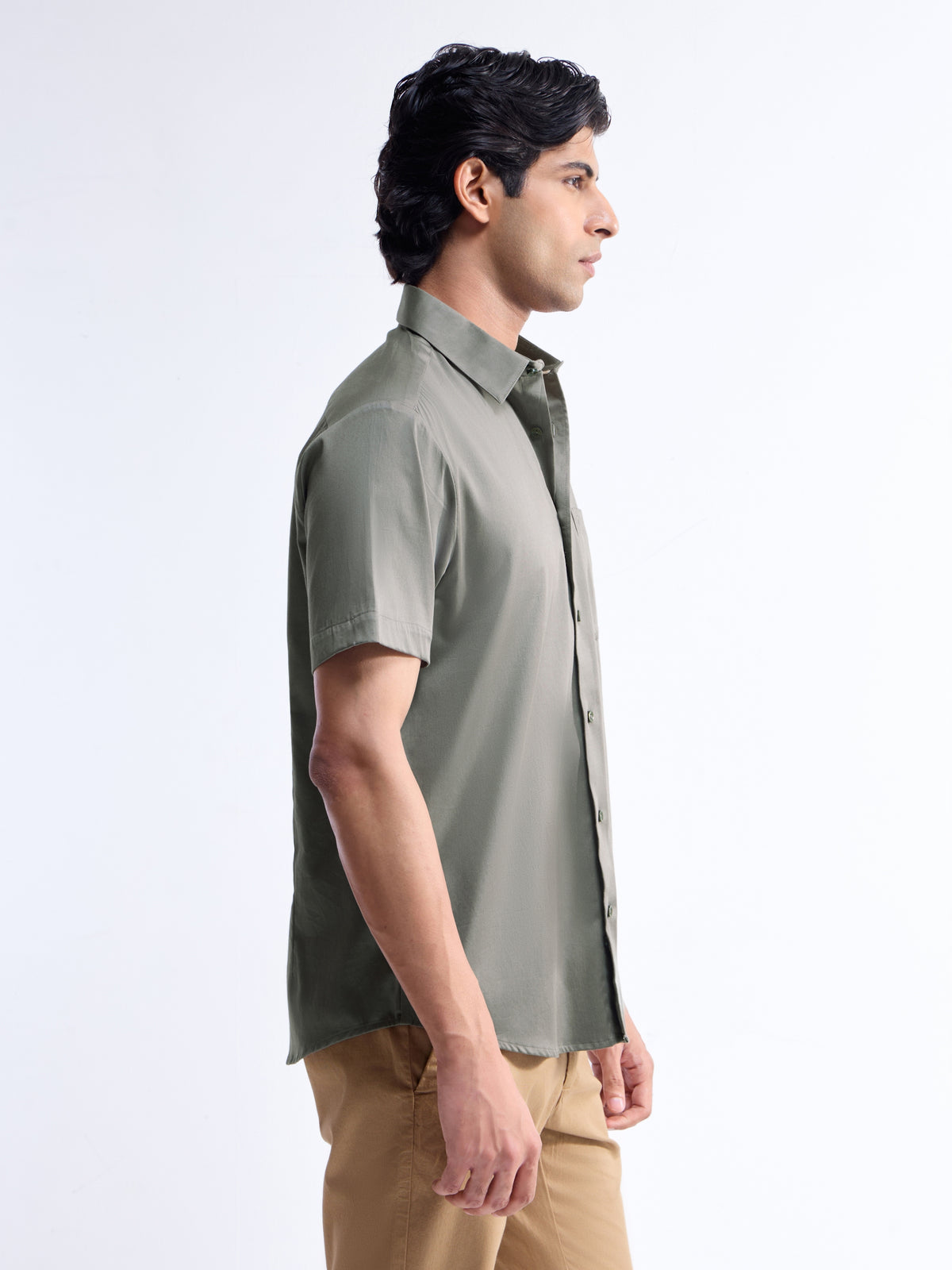 Solid Half Sleeve Cotton Stretch Shirt - Olive t4option_4