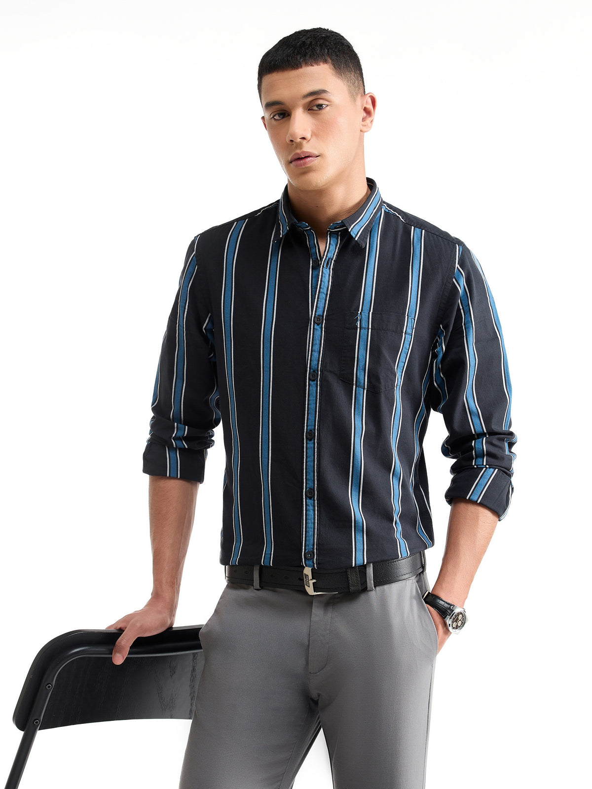 Striped Full Sleeve Cotton Shirt - Black t4option_0