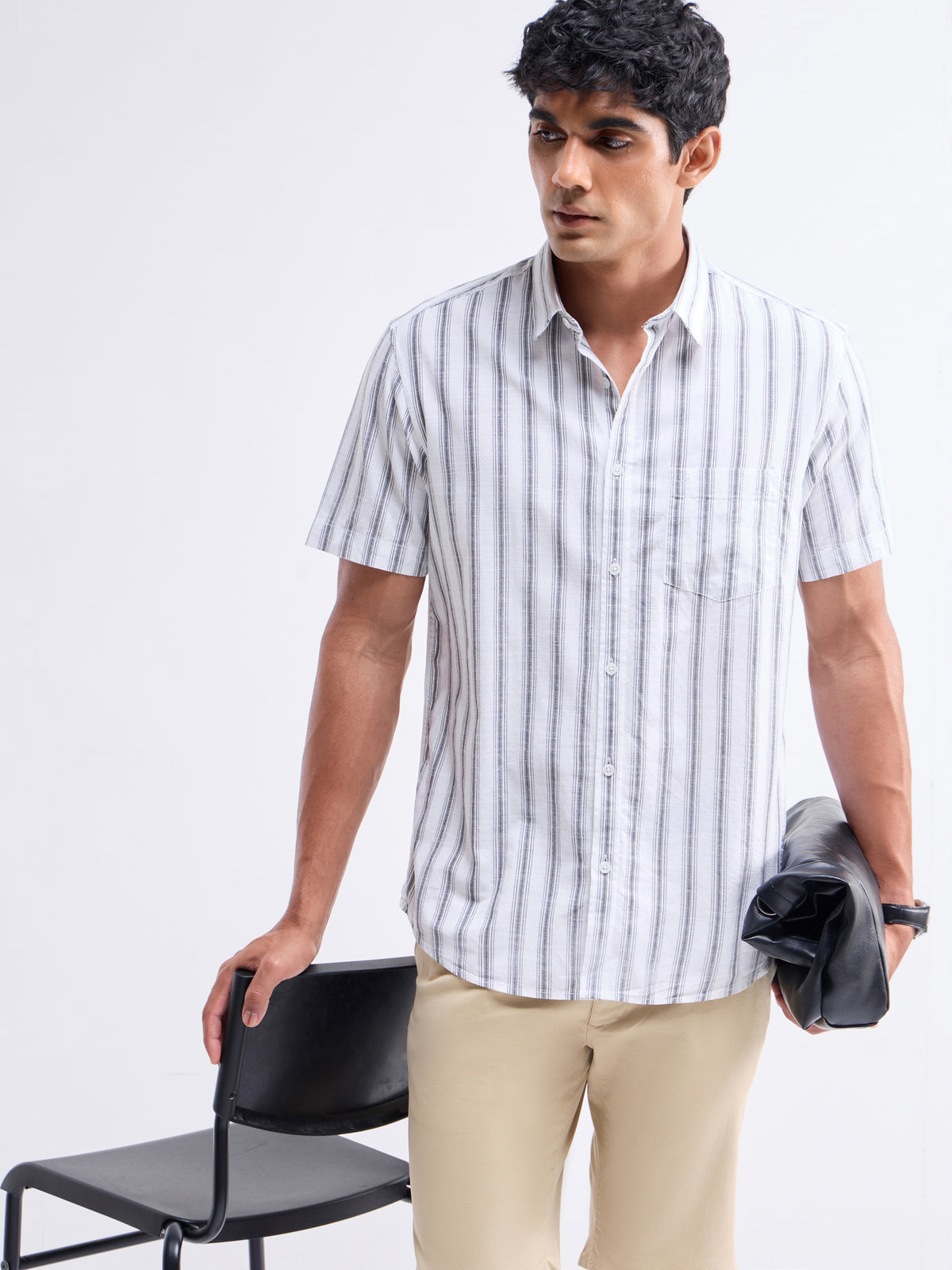Striped Half Sleeve Cotton Shirt - White t4option_0
