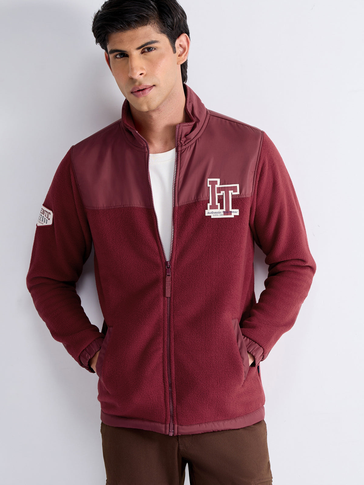 Colour Block High Neck Sweatshirt - Maroon t4option_0