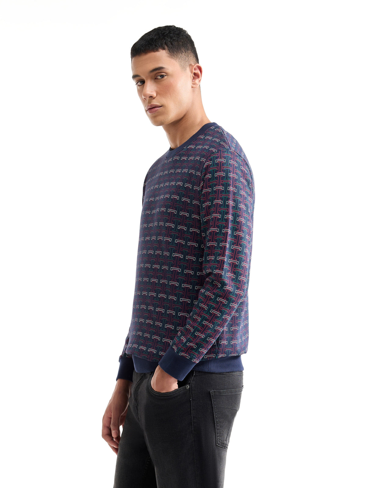 Printed Crew Neck Sweatshirt - Peacoat t4option_0