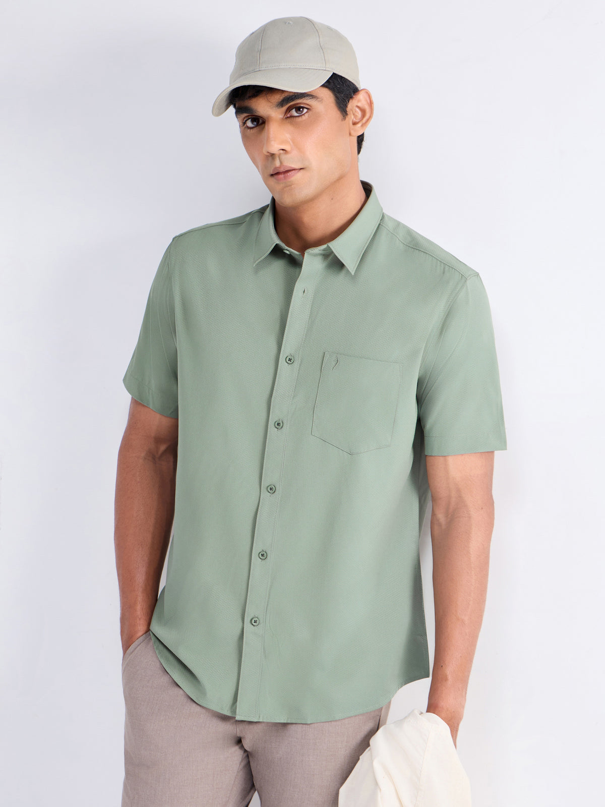 Solid Half Sleeve Poly Blend Shirt - Sap t4option_1