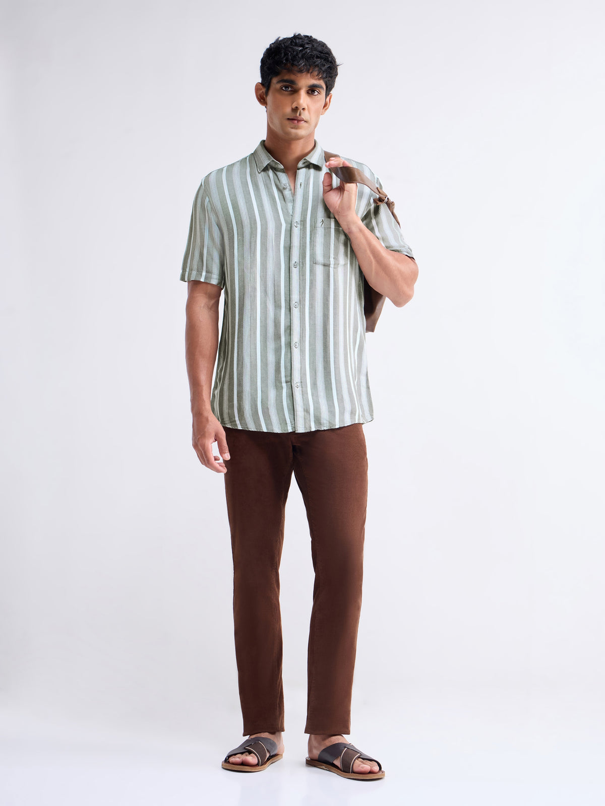Striped Half Sleeve Viscose Linen Shirt - Sap t4option_0