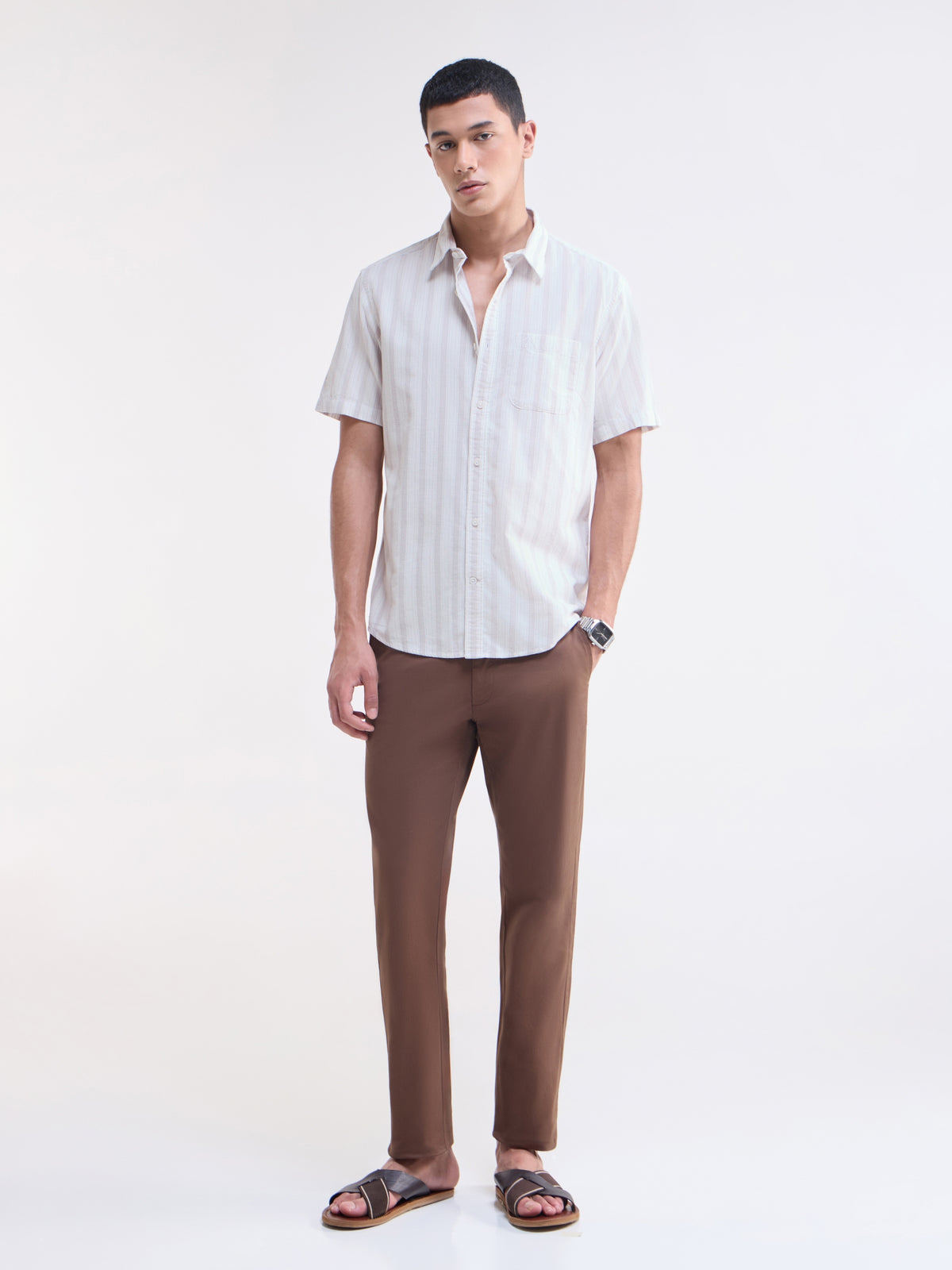 Striped Half Sleeve Cotton Shirt - White t4option_0