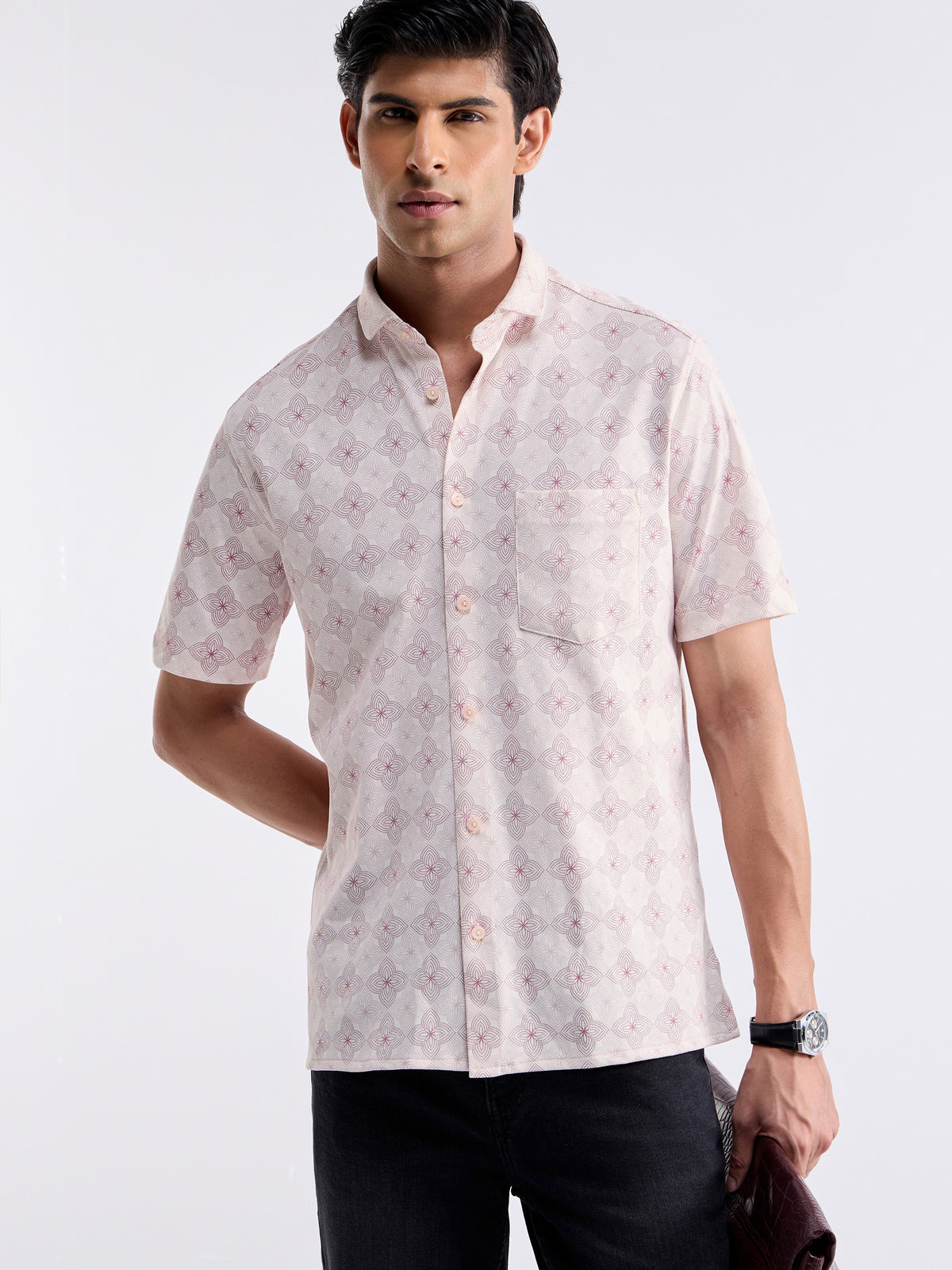 Printed Half Sleeve Cotton Shirt - Ecru t4option_1