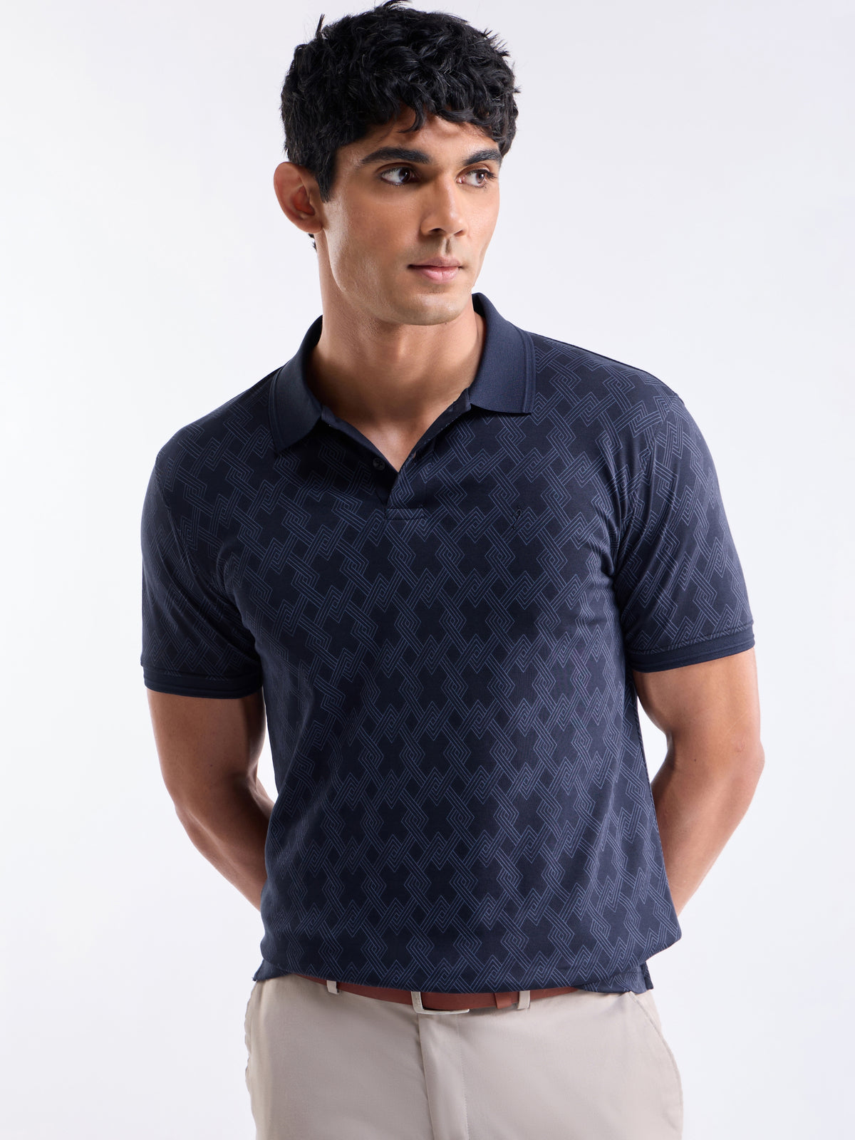 Printed Half Sleeve Regular Fit Polo T-Shirt - Mid Navy t4option_0