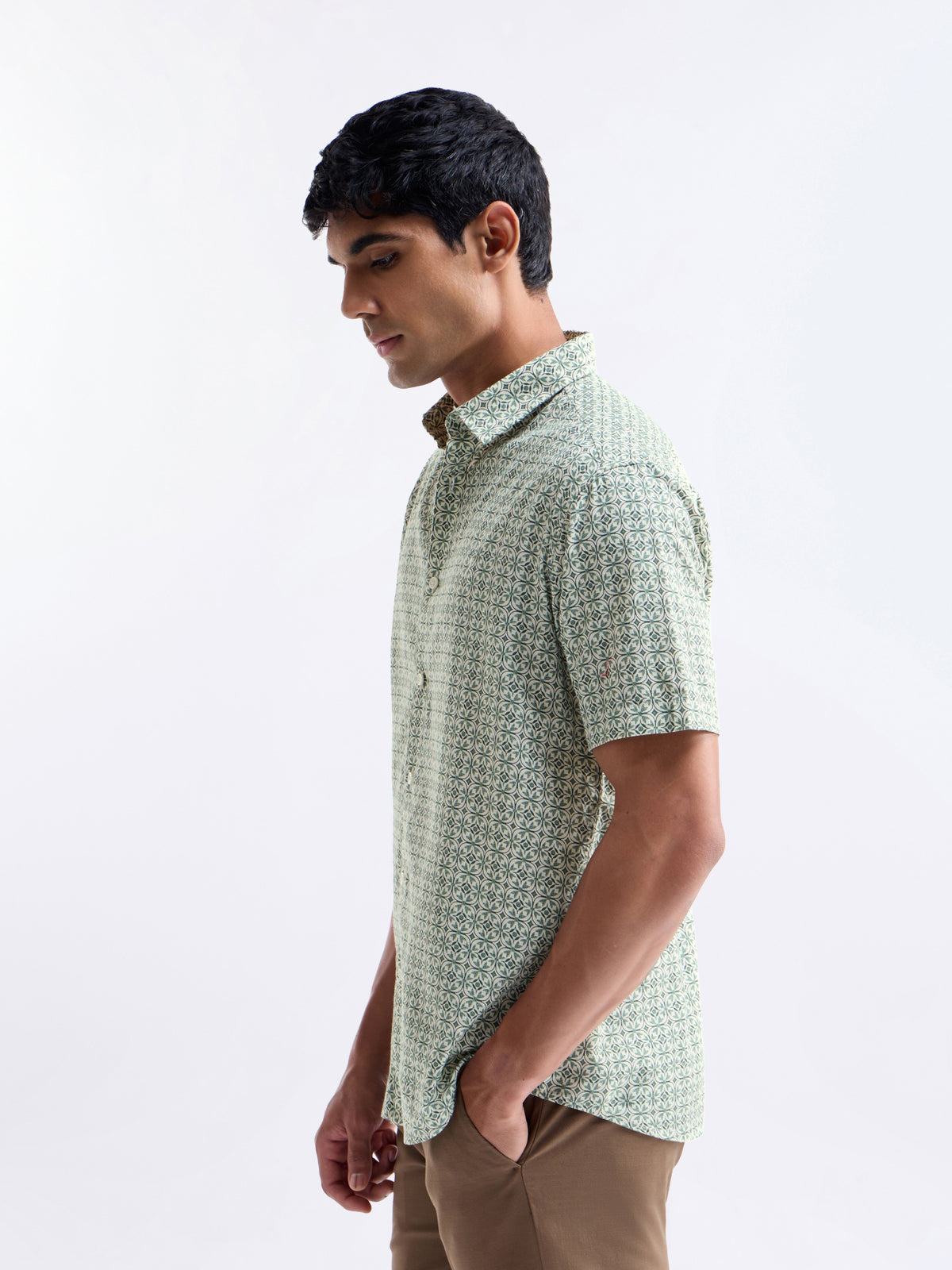 Printed Half Sleeve Cotton Shirt - Lt Green t4option_0
