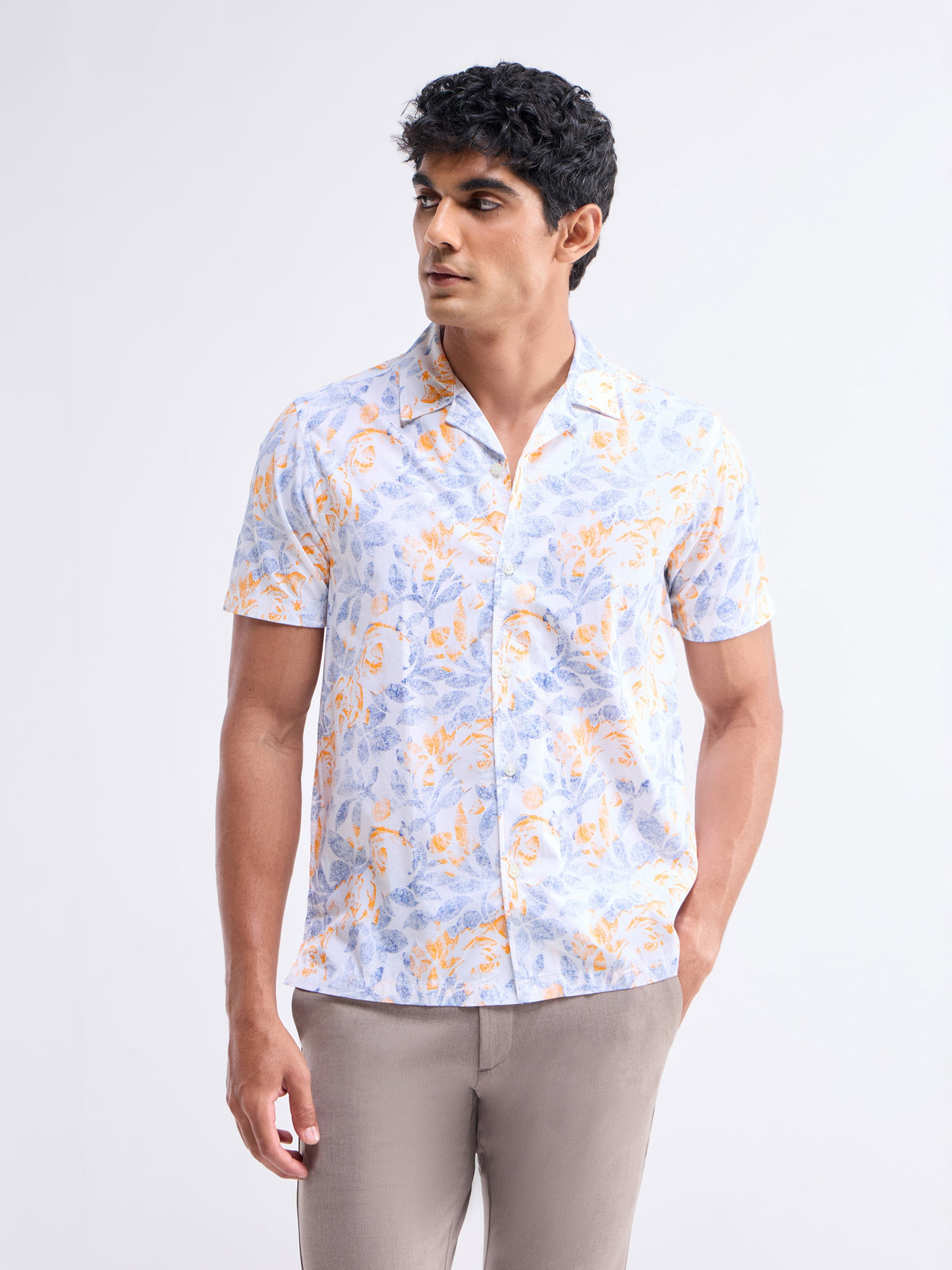 Printed Half Sleeve Cotton Shirt - White t4option_0