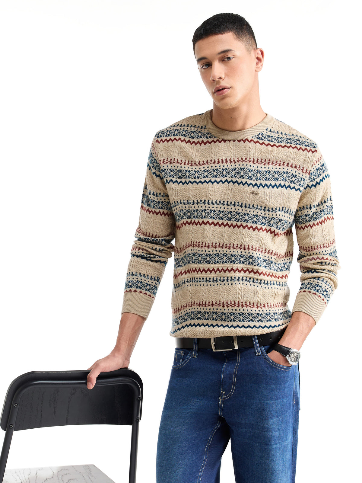 Jacquard Full Sleeve Jumper Sweater - Ecru t4option_0