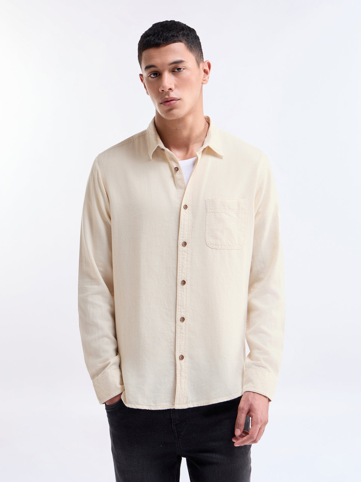 Solid Full Sleeve Cotton Shirt - Ecru t4option_0