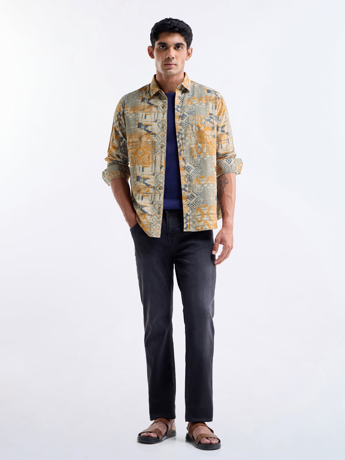 Printed Full Sleeve Cotton Linen Shirt - Ochre t4option_0