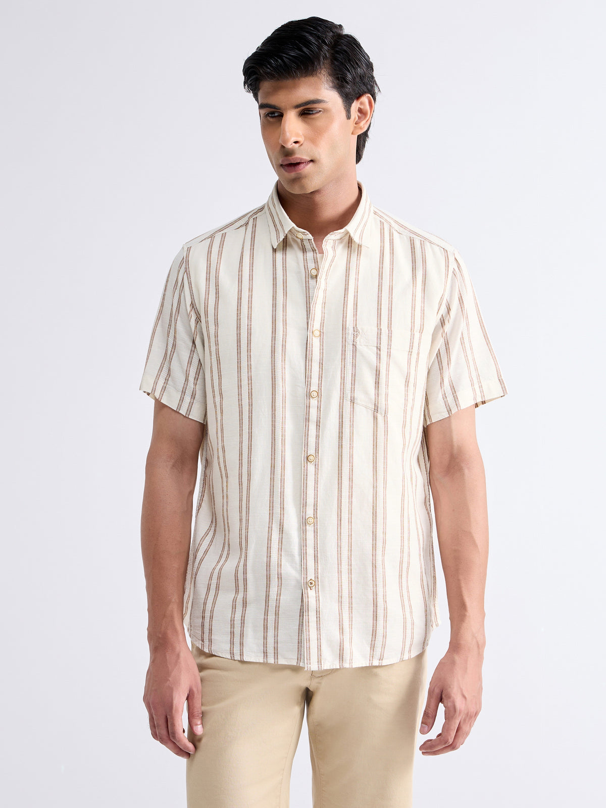 Striped Half Sleeve Cotton Shirt - Beige t4option_0