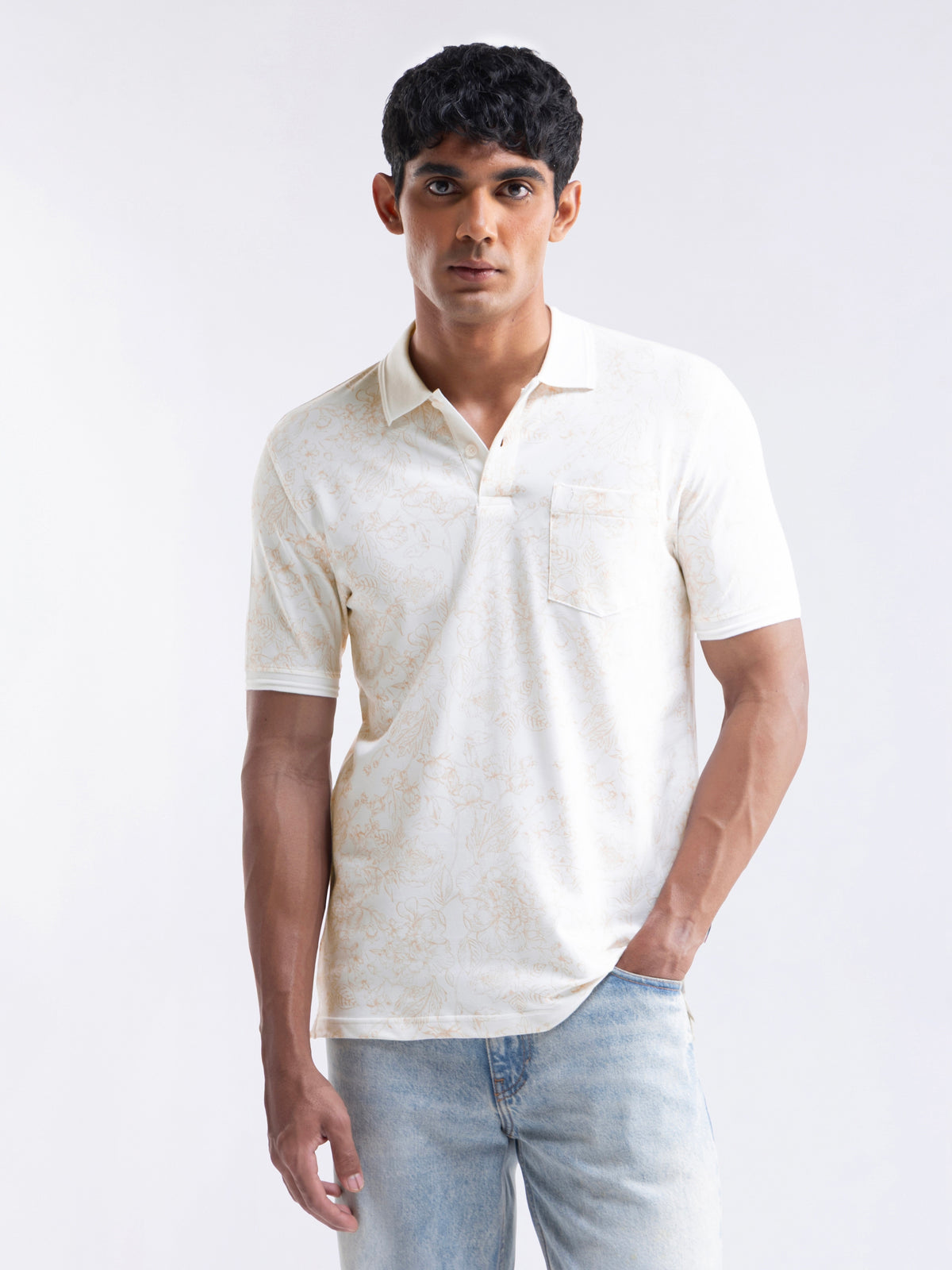 Printed Half Sleeve Regular Fit Polo T-Shirt - Off White t4option_0