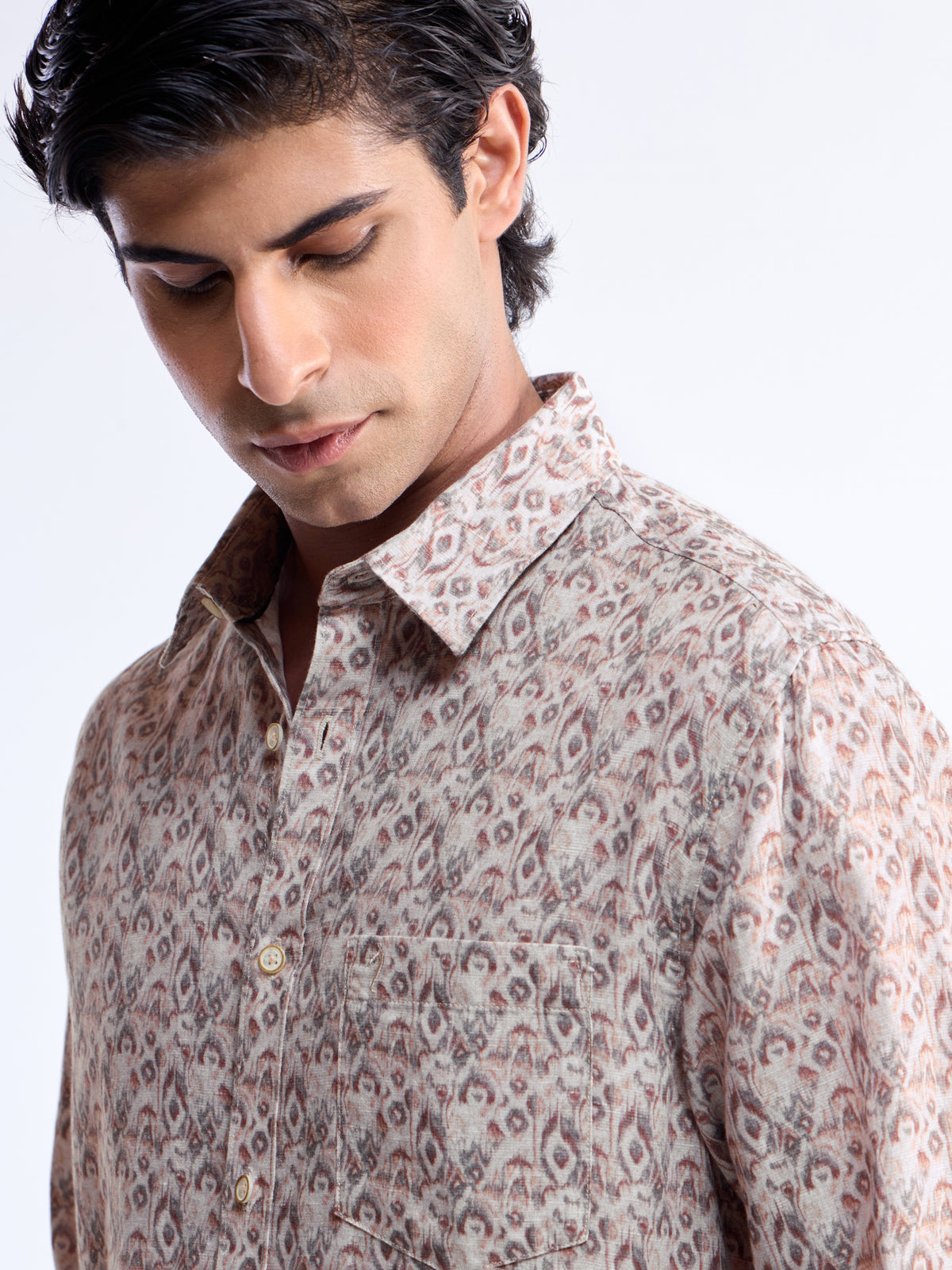 Printed Full Sleeve Cotton Linen Shirt - Khaki t4option_0