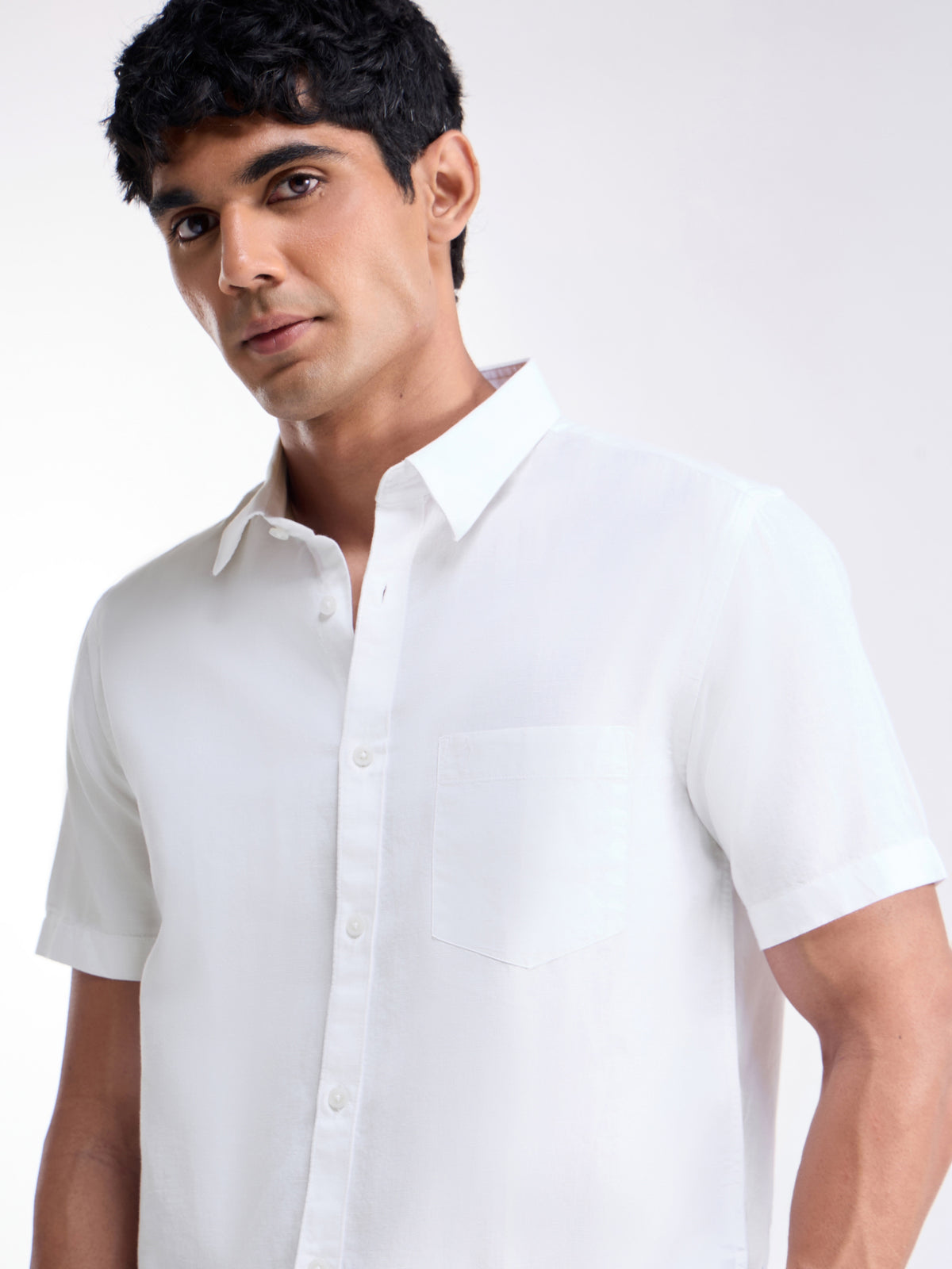 Solid Half Sleeve Cotton Linen Shirt - White t4option_1