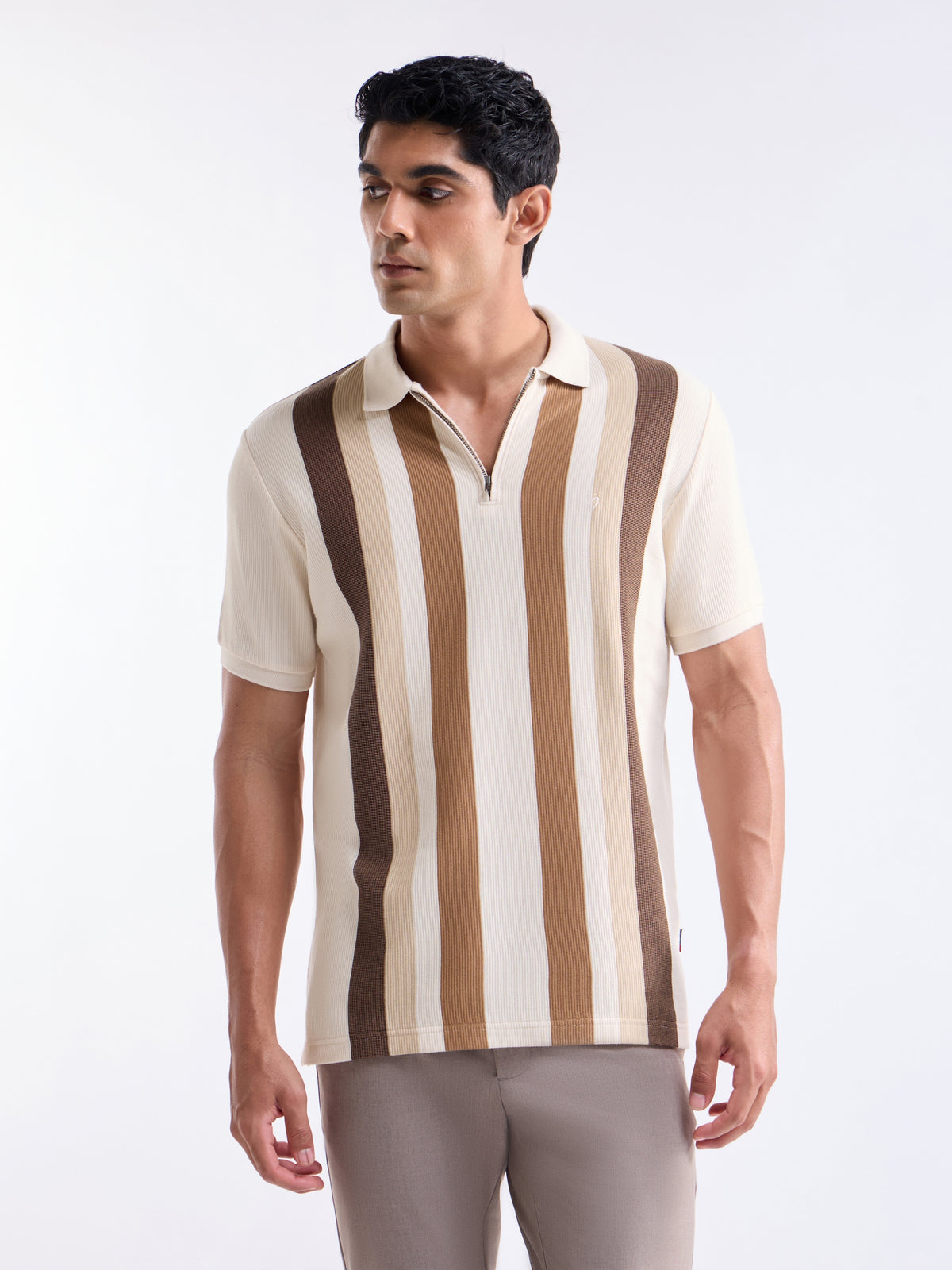 Striped Half Sleeve Regular Fit Polo T-Shirt - Ecru t4option_0