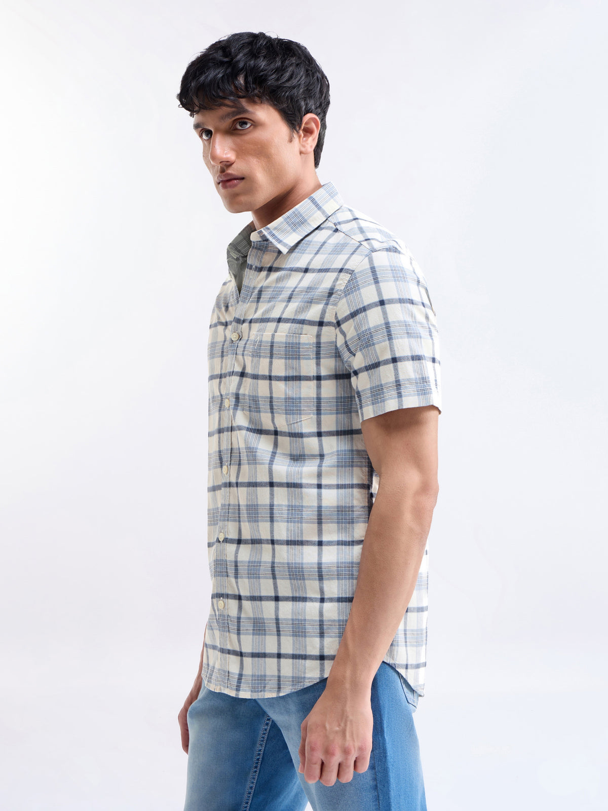 Check Half Sleeve Cotton Shirt - Sky mel t4option_0