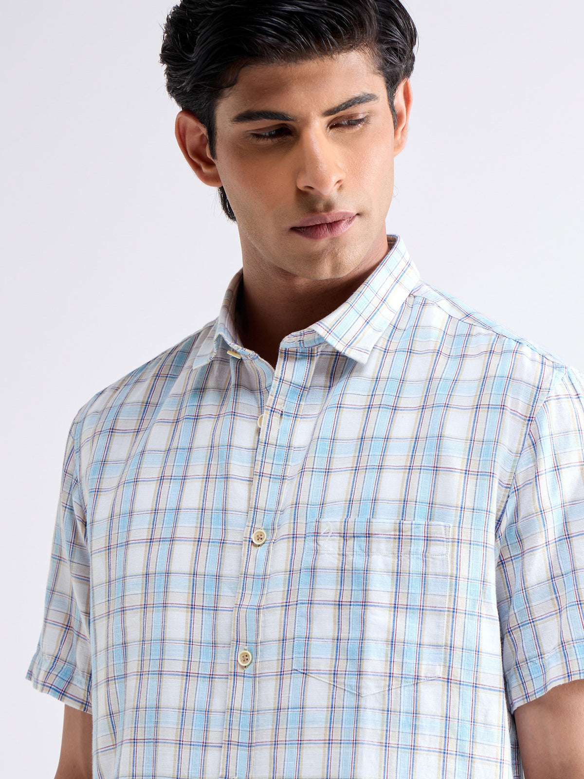 Check Half Sleeve Cotton Linen Shirt - Khaki t4option_0