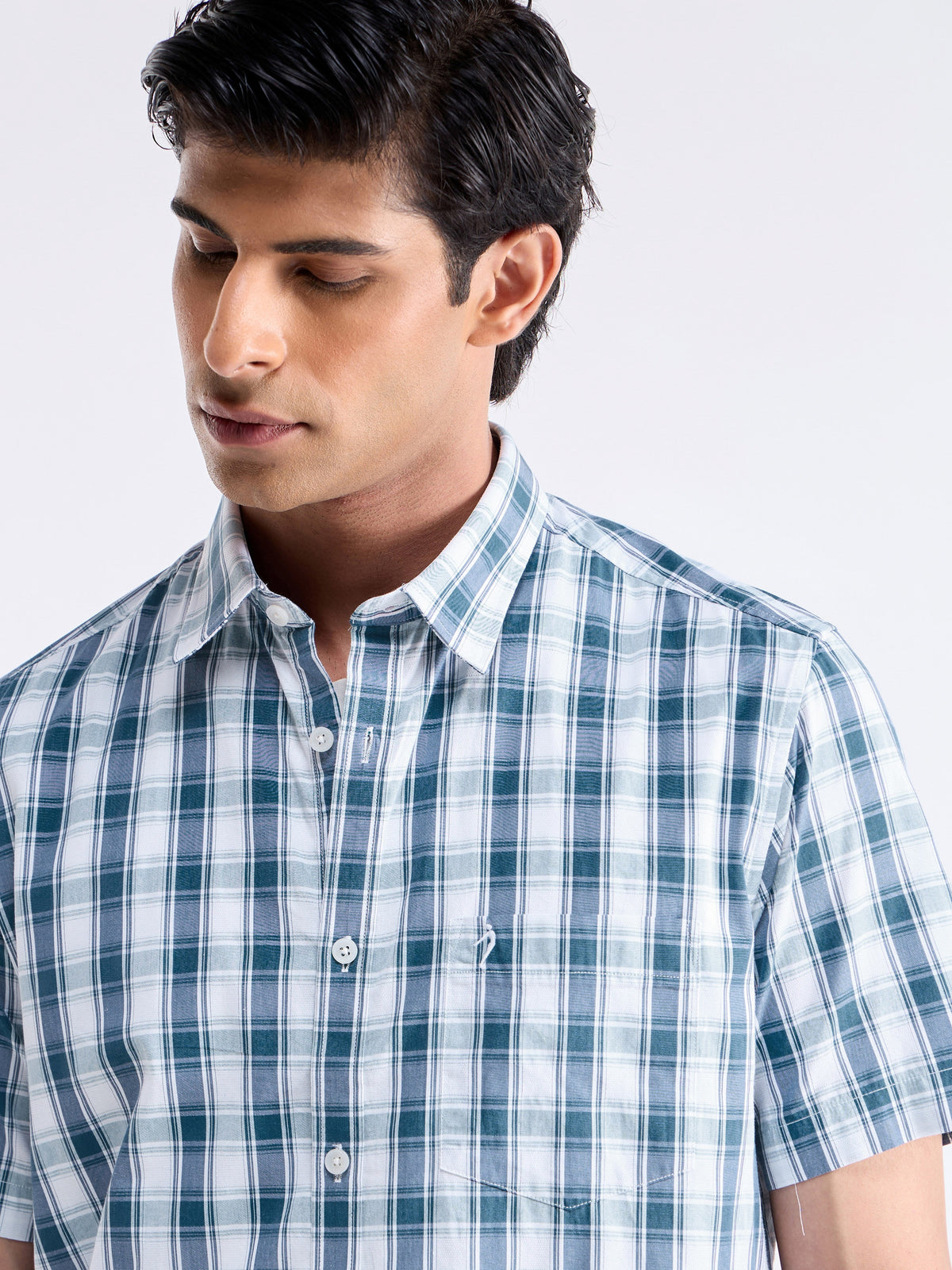 Check Half Sleeve Cotton Shirt - Sky t4option_0
