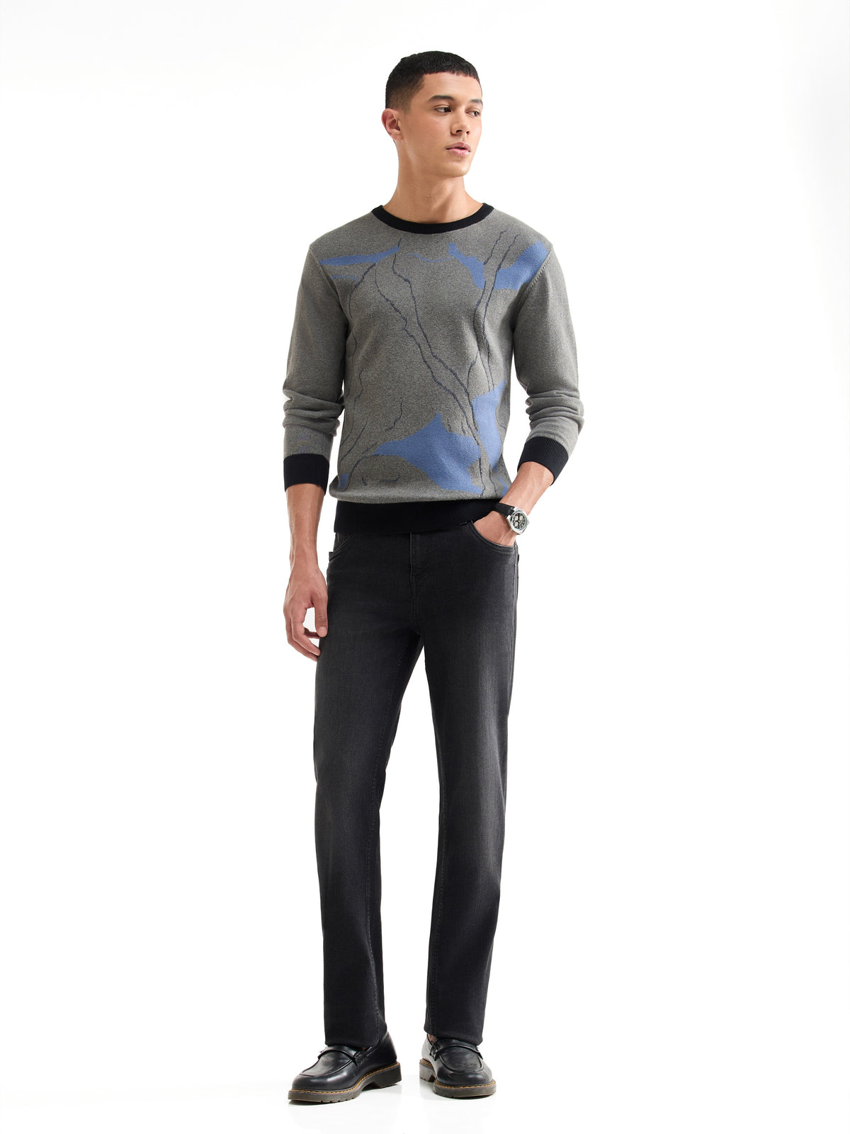 Jacquard Full Sleeve Crew Neck Sweater - Grey Mel t4option_1