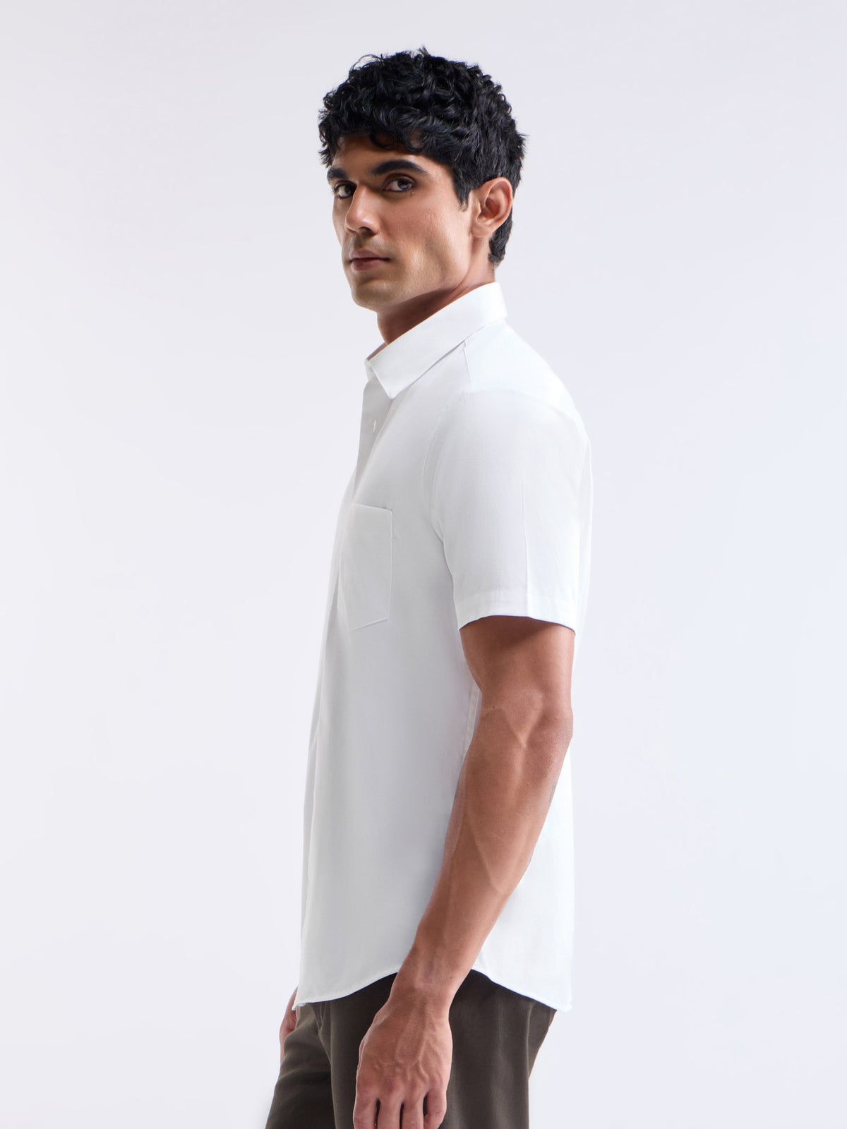 Solid Half Sleeve Cotton Stretch Shirt - White t4option_0
