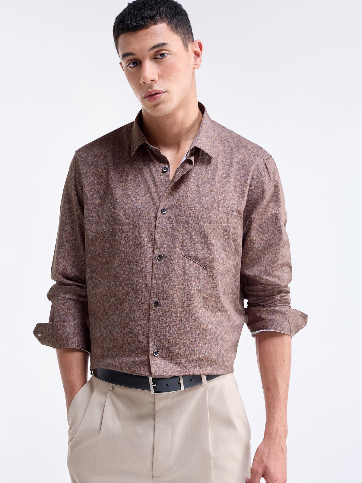 Printed Full Sleeve Cotton Shirt - Rust t4option_1