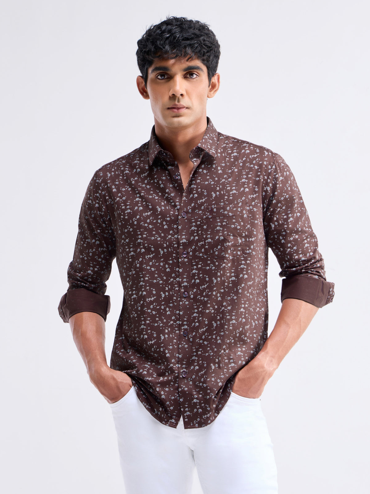 Printed Full Sleeve Cotton Shirt - Brown t4option_0