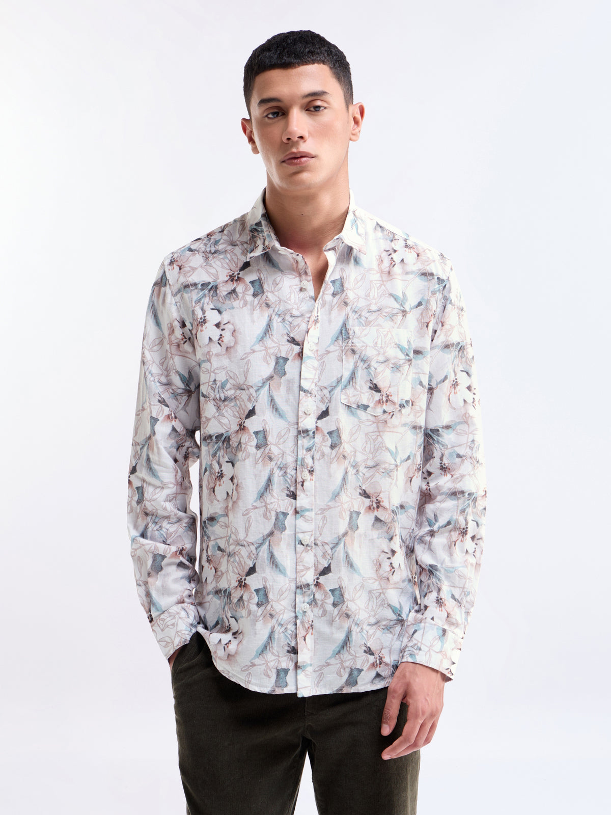 Printed Full Sleeve Cotton Linen Shirt - Dusty Pink t4option_0