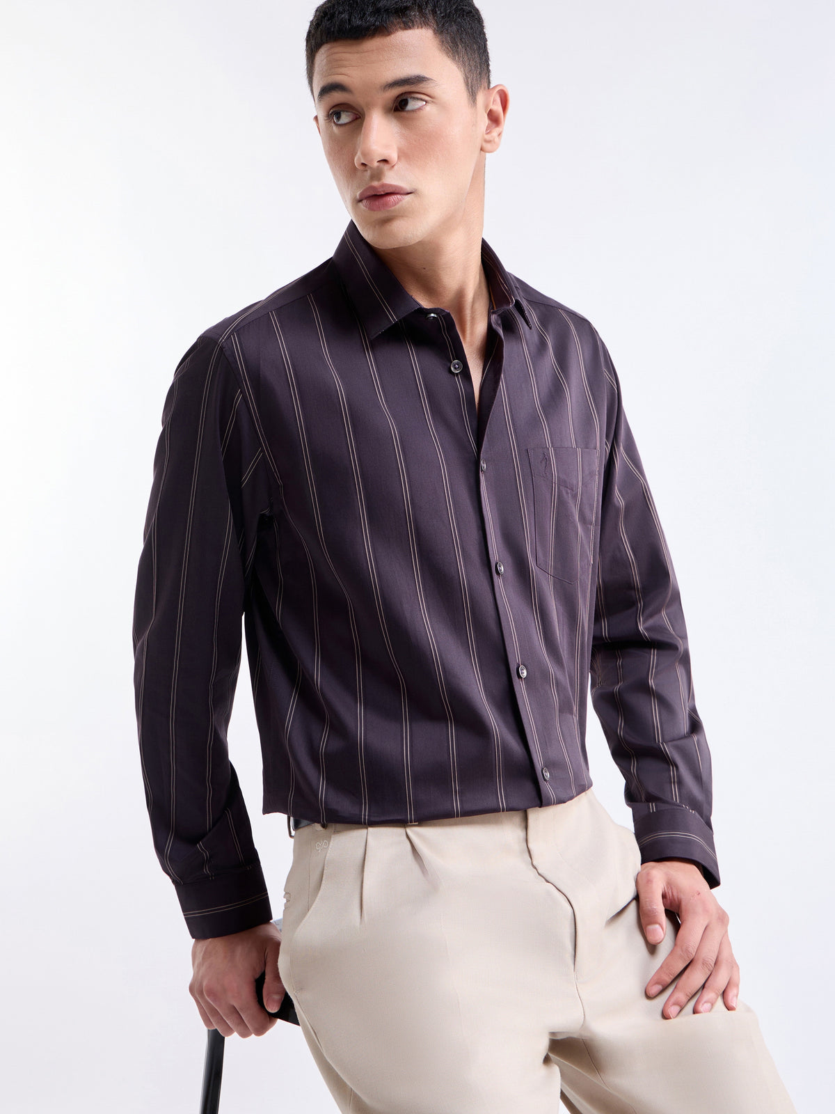 Striped Full Sleeve Cotton Shirt - Wine t4option_0