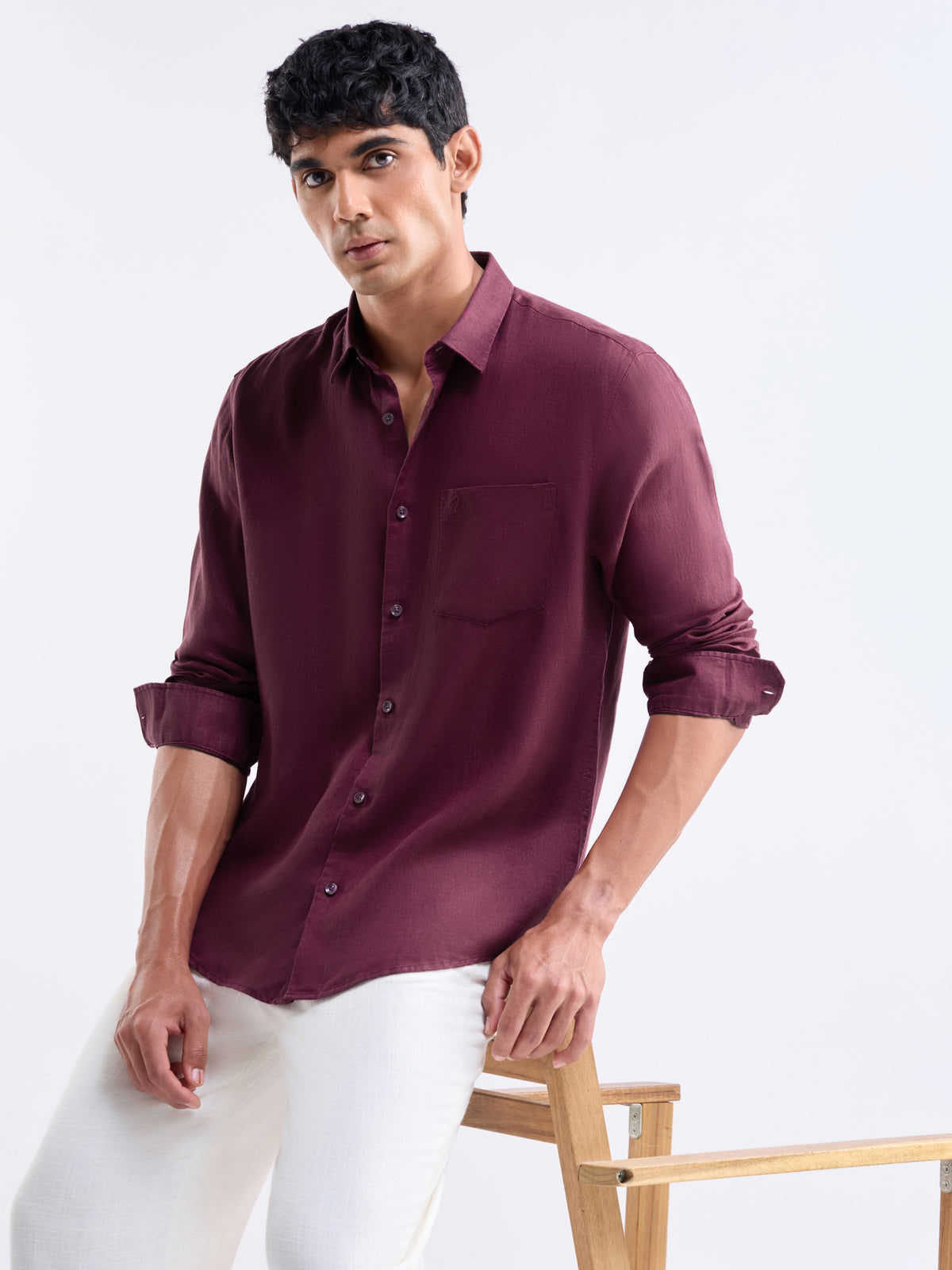 Solid Full Sleeve Linen Shirt - Burgundy t4option_2