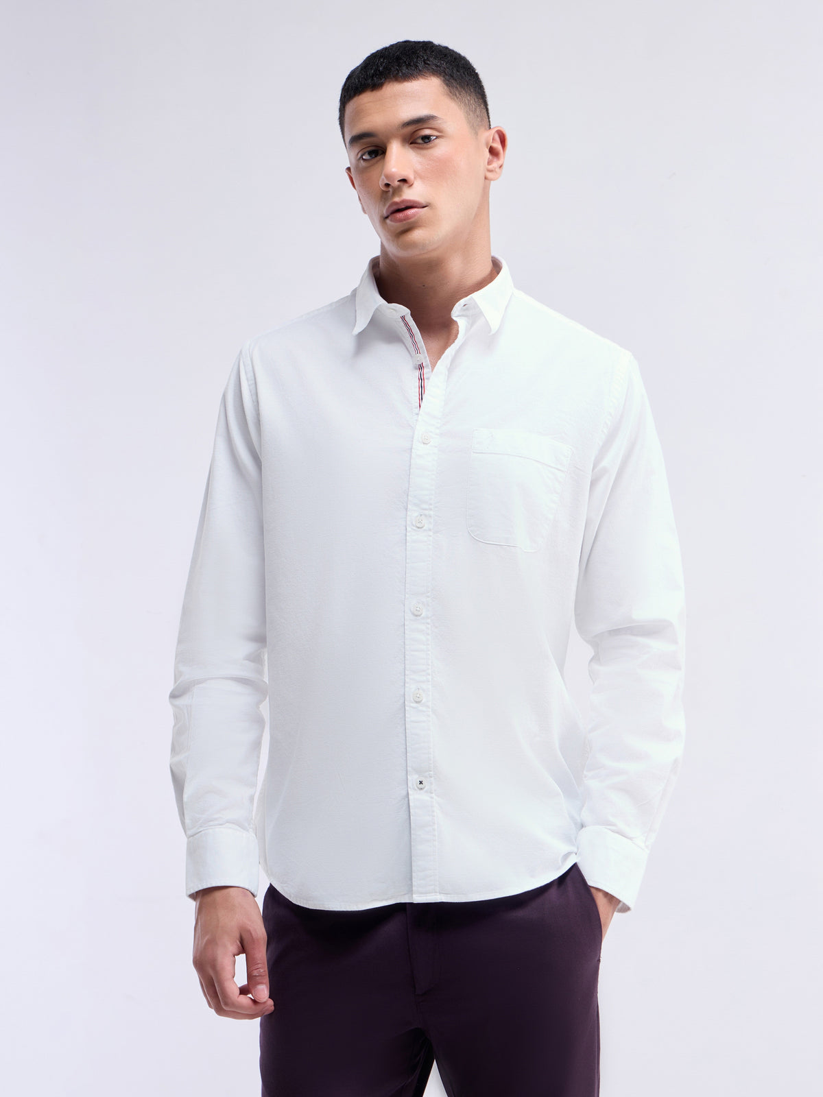 Solid Full Sleeve Cotton Stretch Shirt - White t4option_1