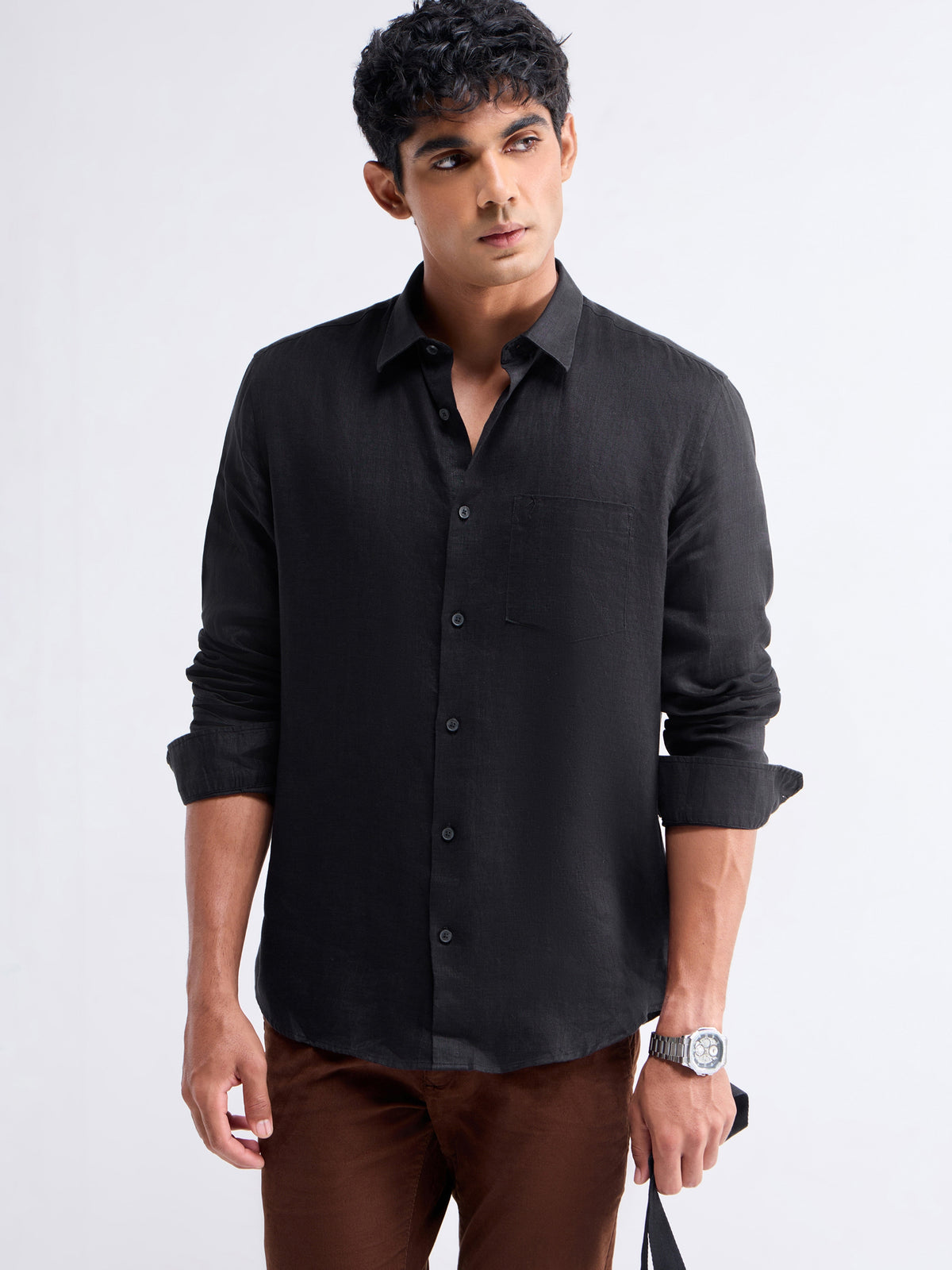 Solid Full Sleeve Linen Shirt - Black t4option_1