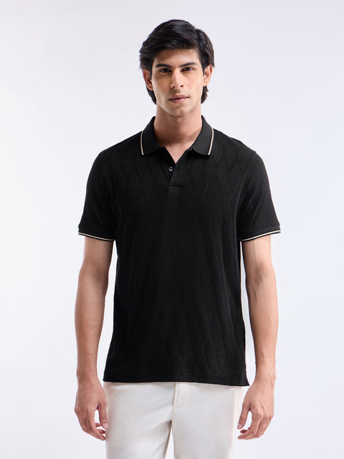 Jacquard Half Sleeve Regular Fit Polo T-Shirt - Black t4option_0