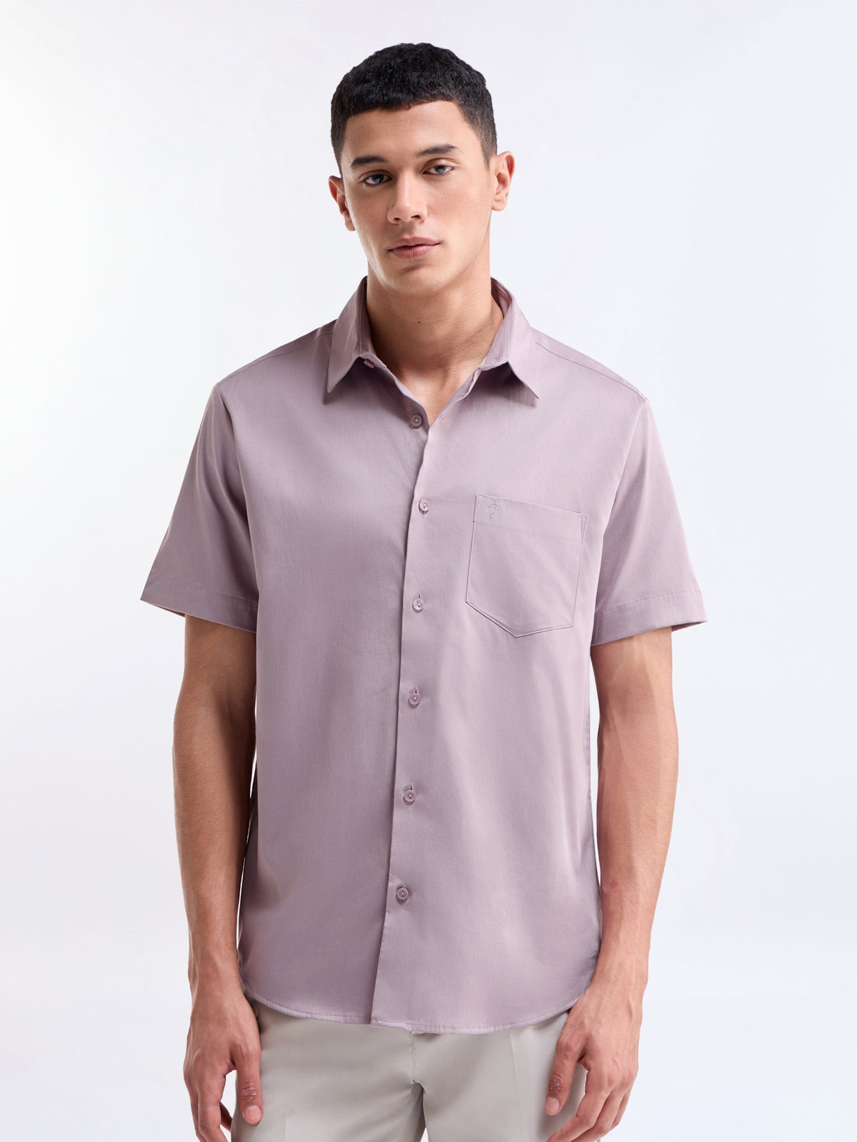 Solid Half Sleeve Cotton Stretch Shirt - Mauve t4option_3