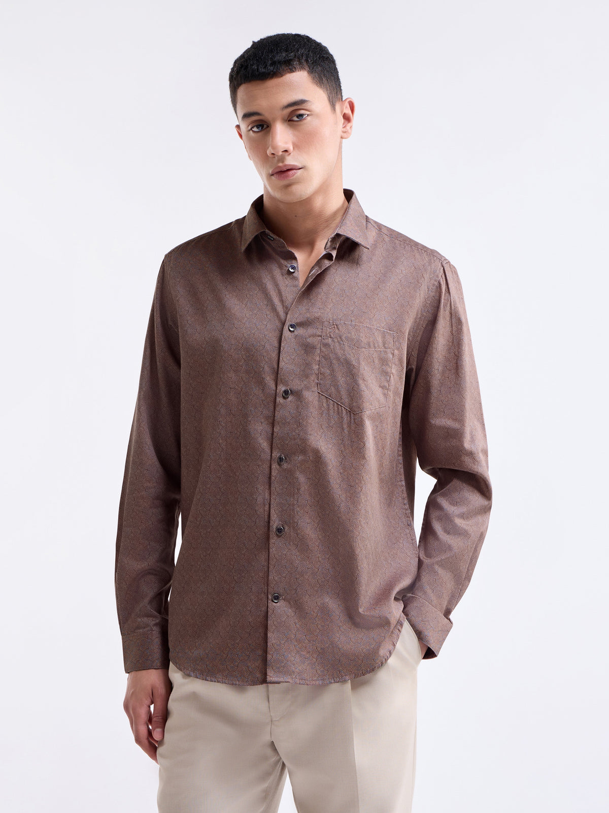 Printed Full Sleeve Cotton Shirt - Rust t4option_1