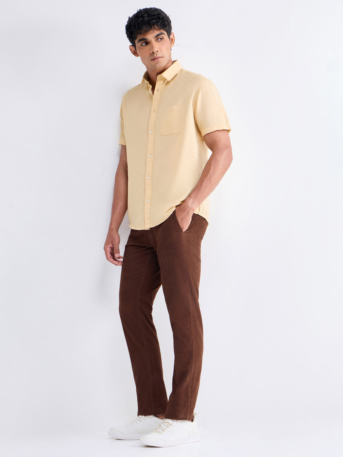 Solid Half Sleeve Cotton Linen Shirt - Khaki t4option_1