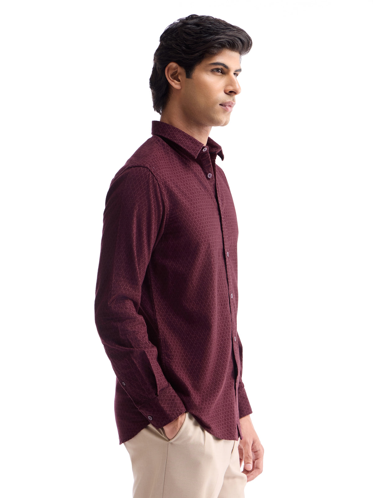 Solid Full Sleeve Cotton Shirt - Maroon t4option_0