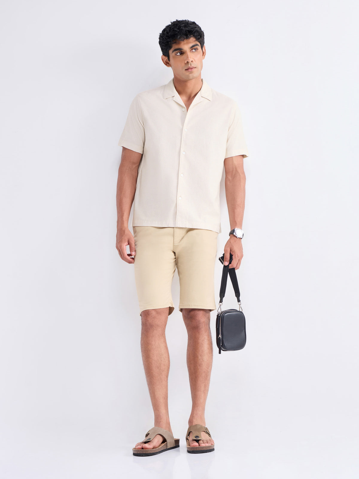 Solid Half Sleeve Cotton Shirt - Beige t4option_0
