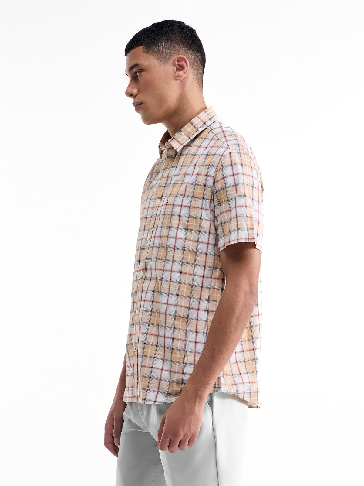 Check Half Sleeve Cotton Shirt - Khaki t4option_0