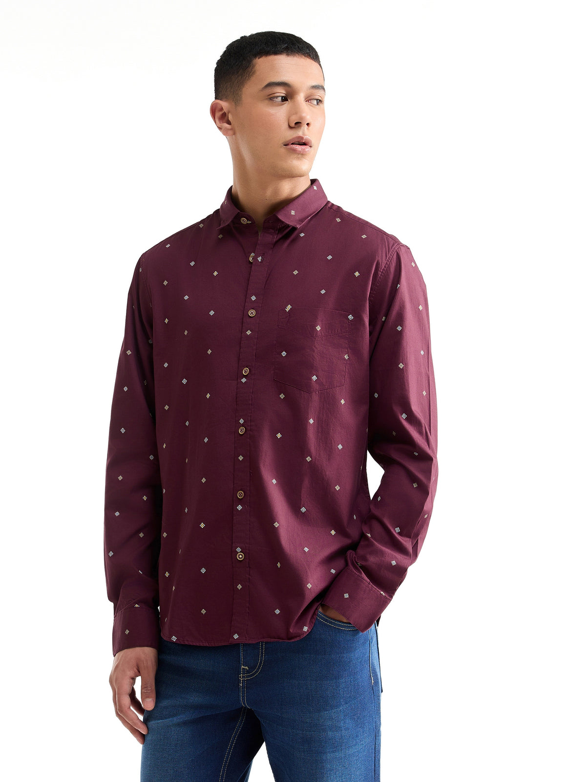 Printed Full Sleeve Cotton Shirt - Maroon t4option_0