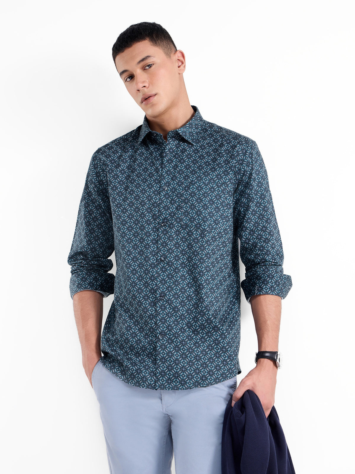 Printed Full Sleeve Cotton Shirt - Teal t4option_0