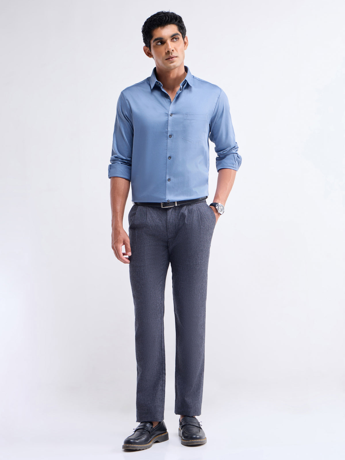 Solid Full Sleeve Cotton Stretch Shirt - Blue t4option_3