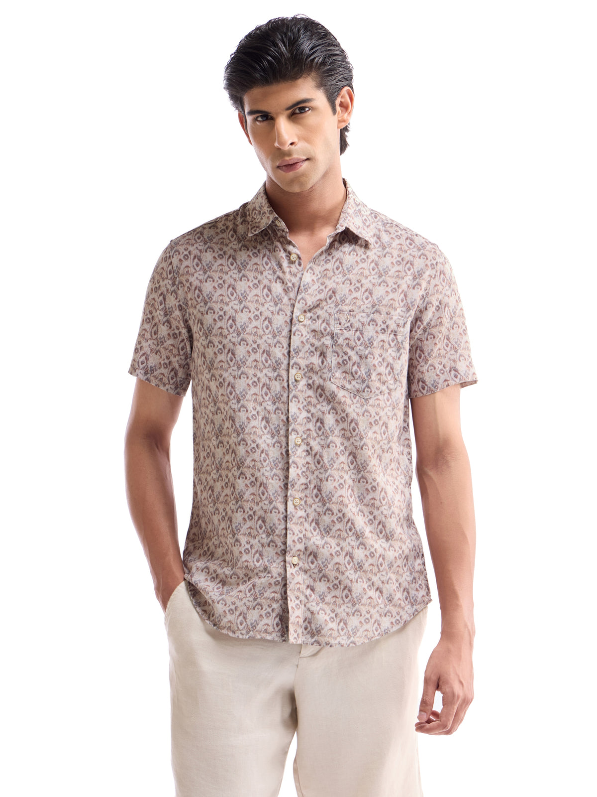 Printed Half Sleeve Cotton Linen Shirt - Khaki t4option_0