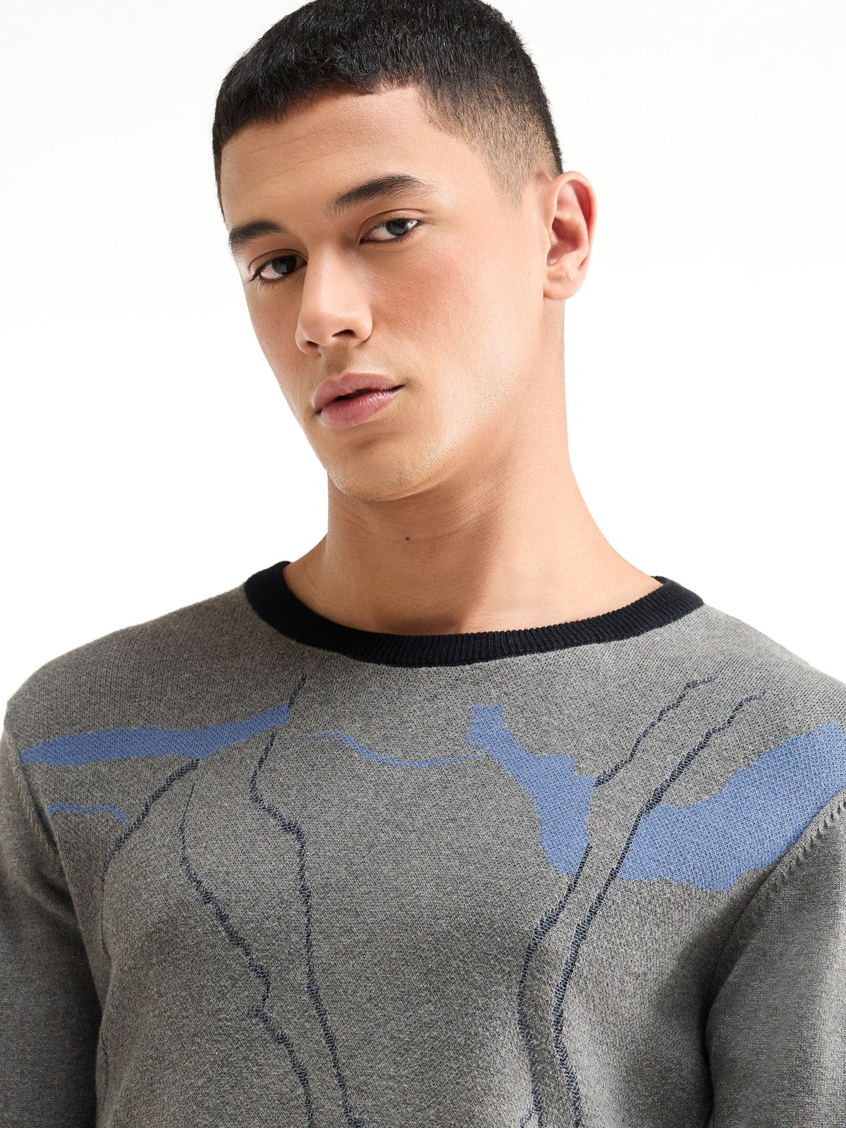 Jacquard Full Sleeve Crew Neck Sweater - Grey Mel t4option_0