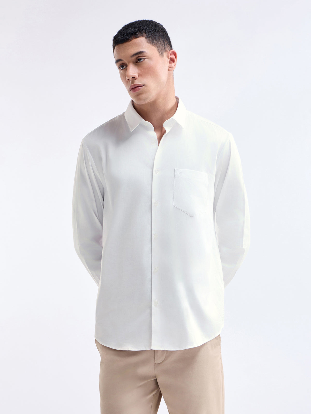 Solid Full Sleeve Cotton Stretch Shirt - White t4option_1