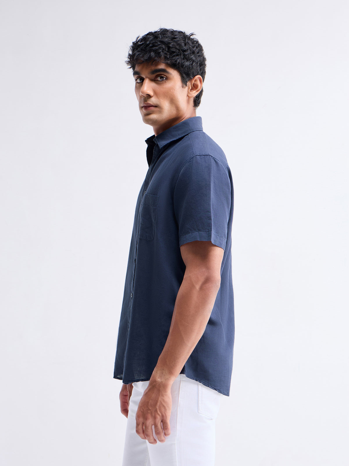 Solid Half Sleeve Cotton Linen Shirt - Navy t4option_3