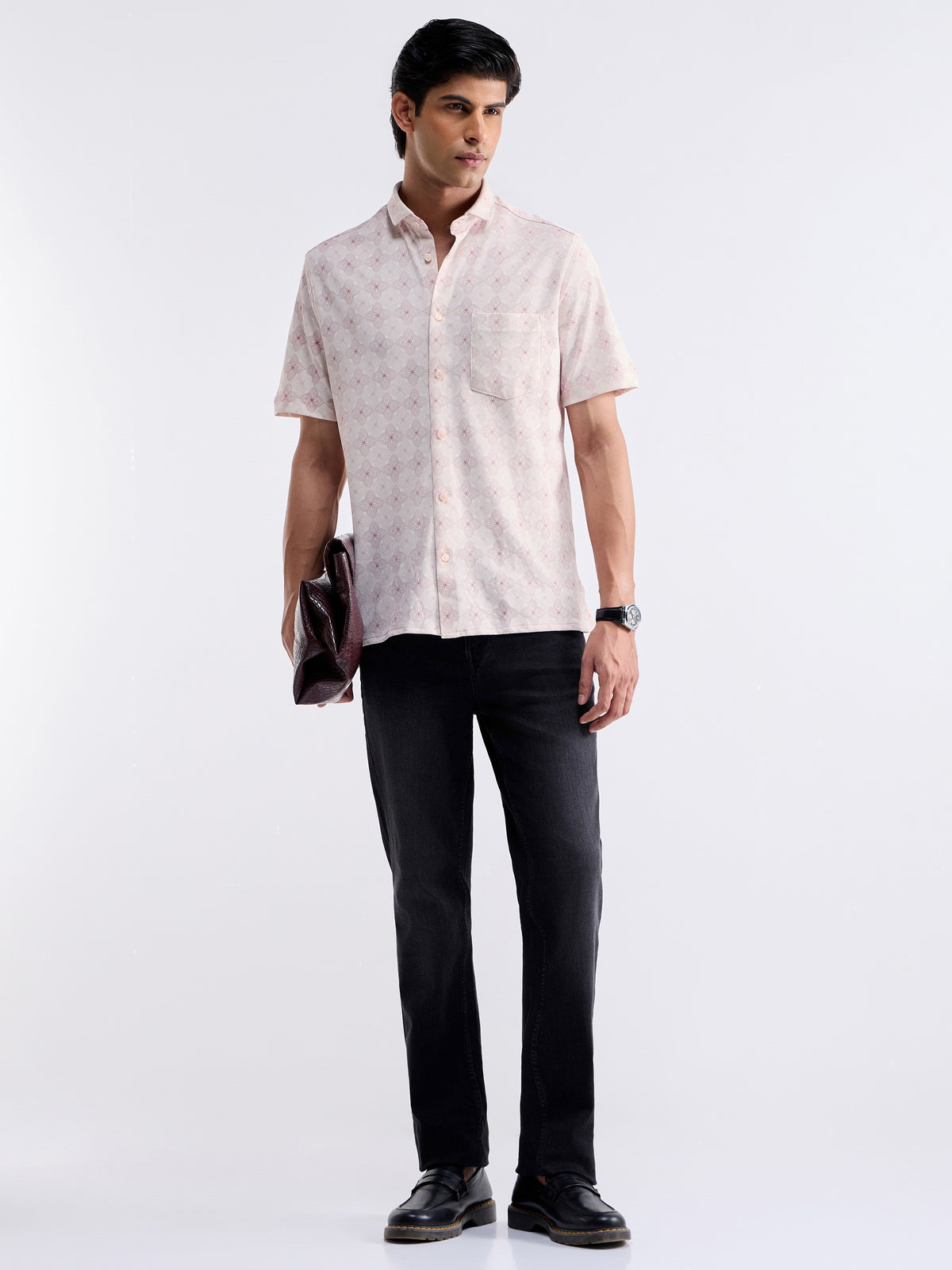 Printed Half Sleeve Cotton Shirt - Ecru t4option_1