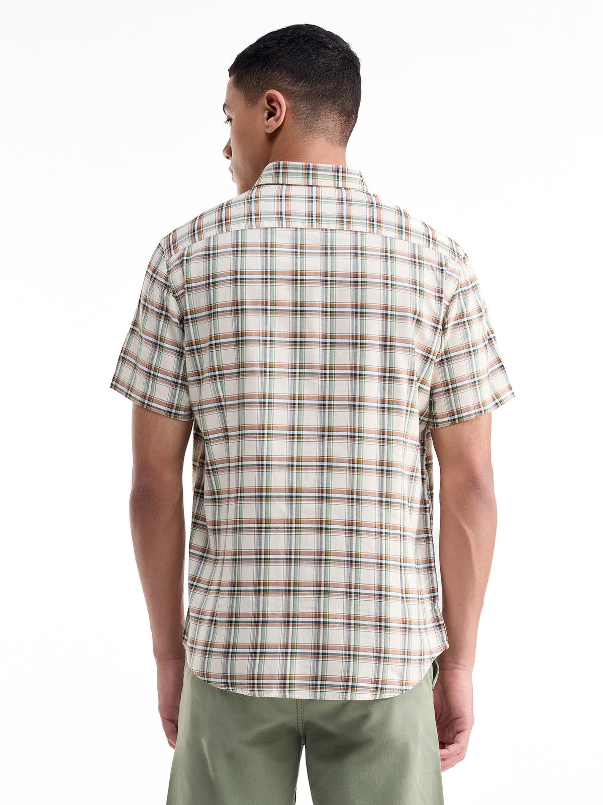 Check Half Sleeve Cotton Shirt - Ecru t4option_0