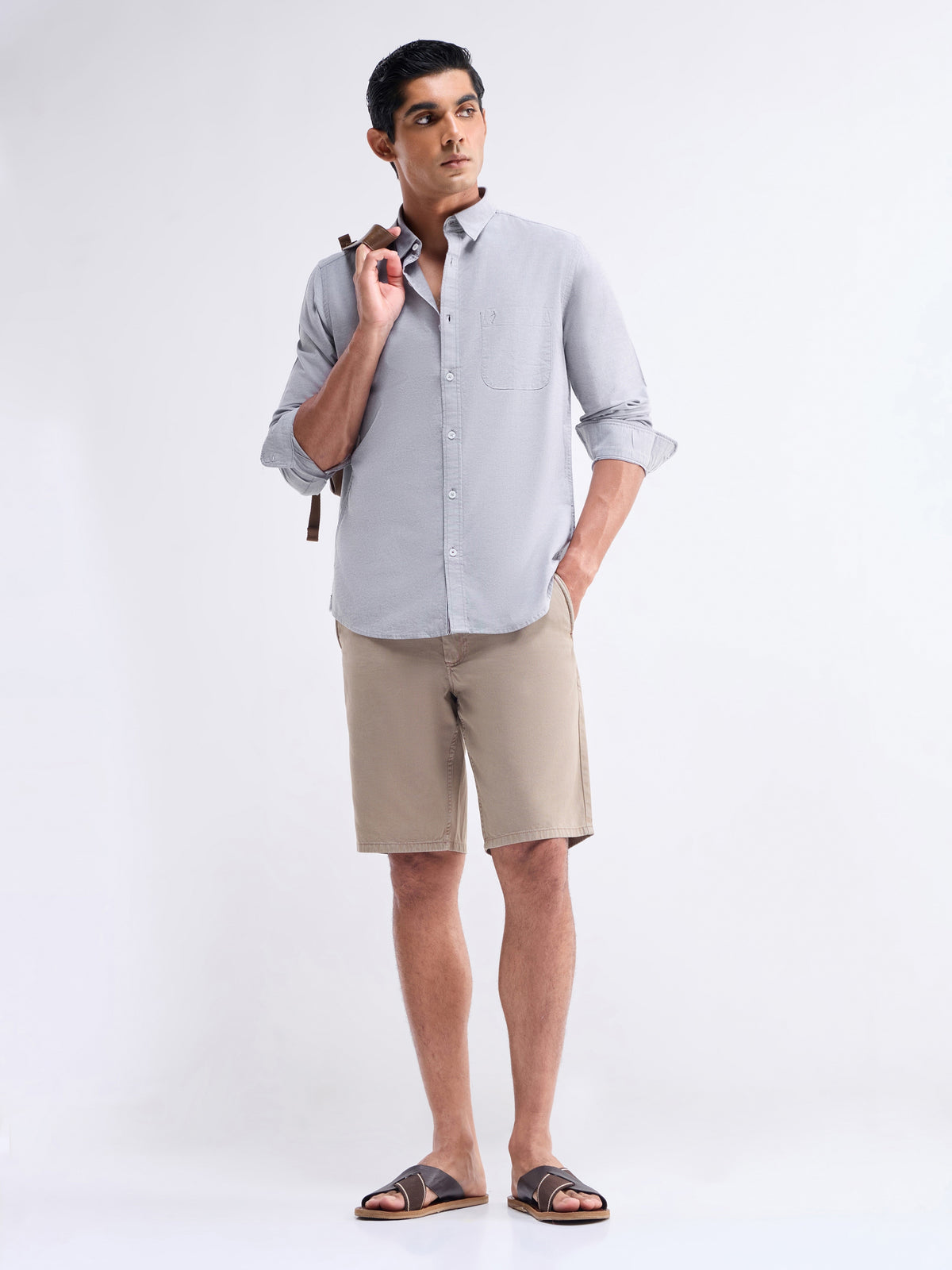 Solid Full Sleeve Cotton Stretch Shirt - Grey t4option_1