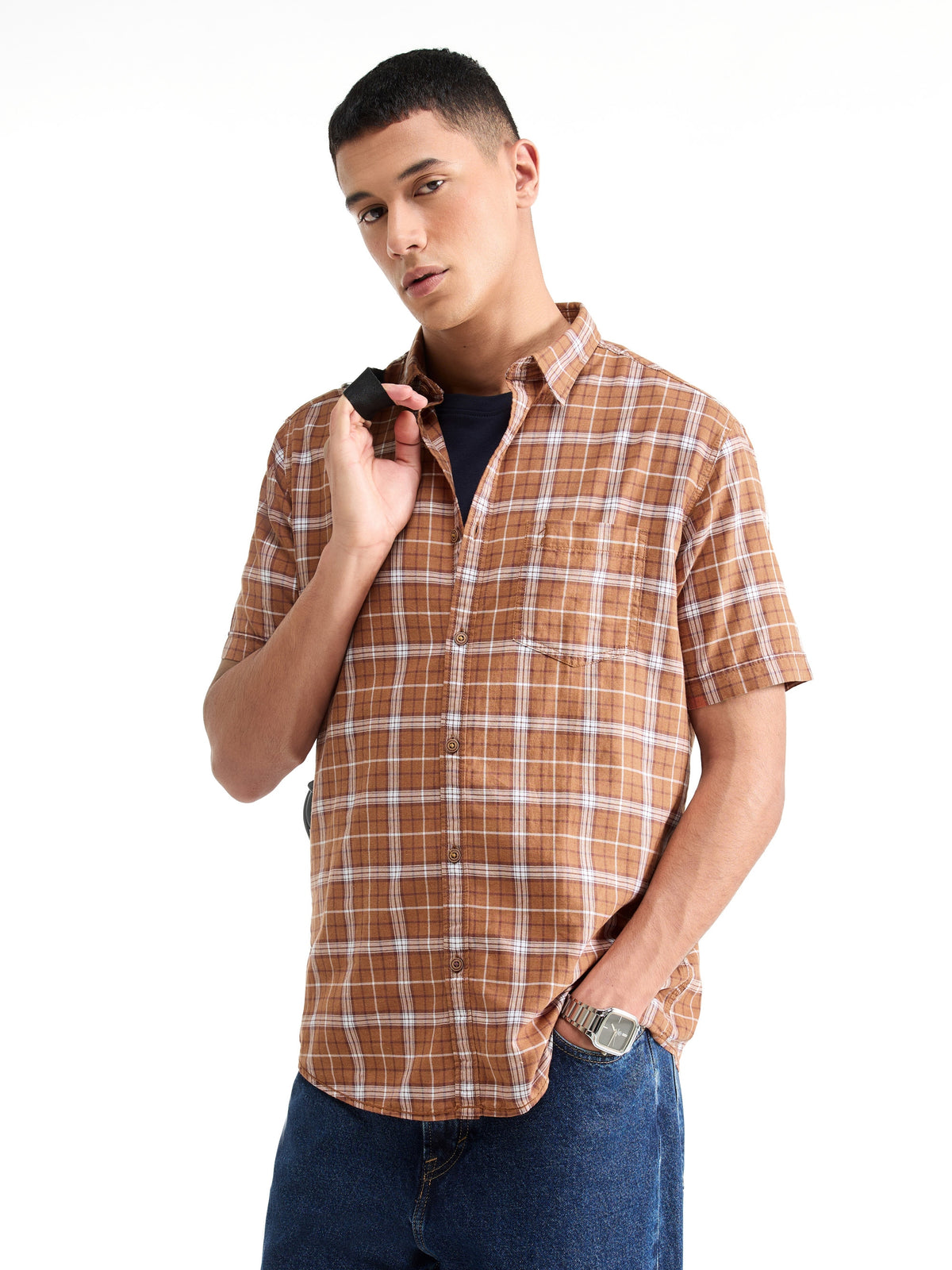 Check Half Sleeve Cotton Shirt - Rust Mel t4option_0